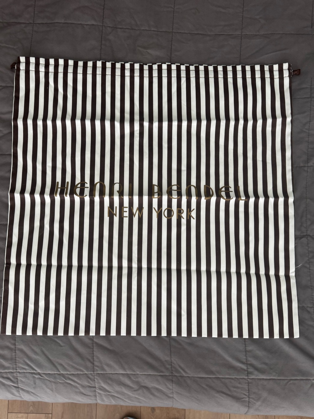 Henri Bendel Brown and White Striped Logo Dust Bag with Gold Lettering